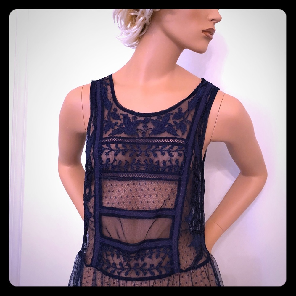 ANTHROPOLOGY sheer navy top size M
